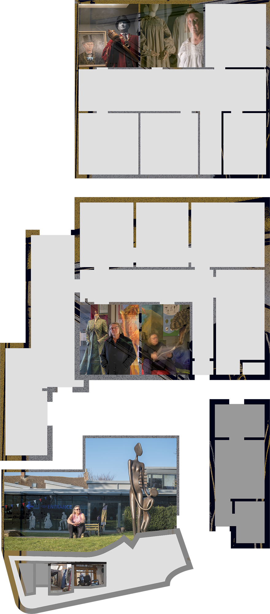 Floor plan of Oxfordshire Museum with superimposed images on top.