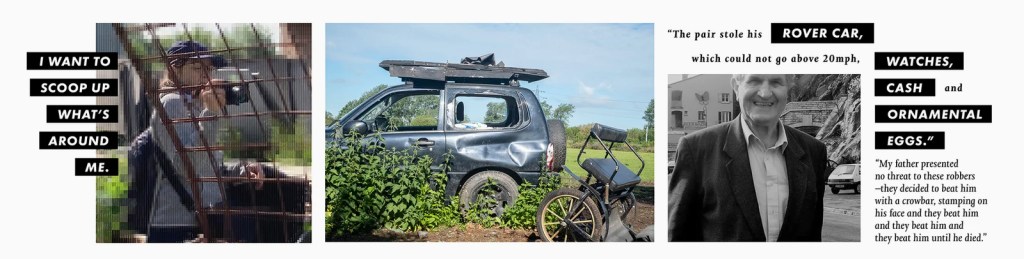 From left to right: a woman seen photographing in a derelict yard, a battered vehicle abandoned in a field with a traveller’s horse cart, and a close-up of a man smiling.