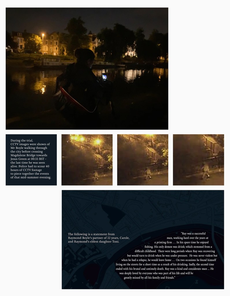 A collage of photographs and quotations from newspaper articles map the retelling of a crime scene in Cambridge, England.