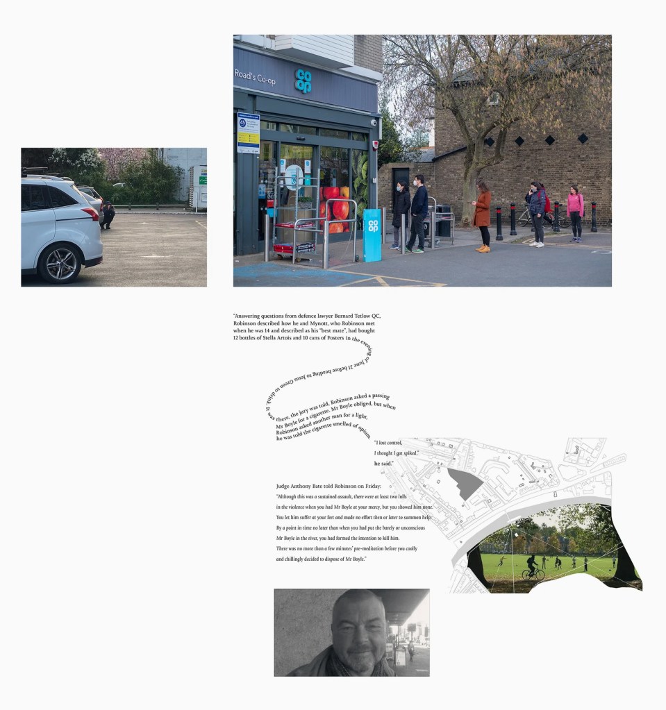 A collage of photographs and quotations from newspaper articles map the lead up to an attack on a man in Cambridge, England.