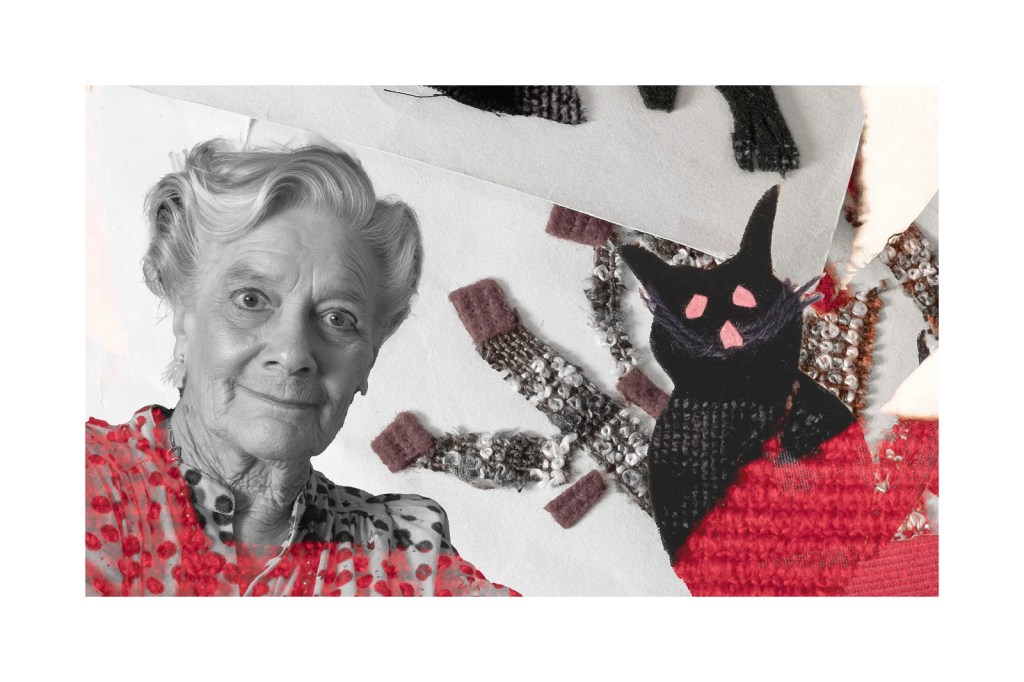 The image on the left: a white woman’s portrait is next to a fabric collage with a black cat.