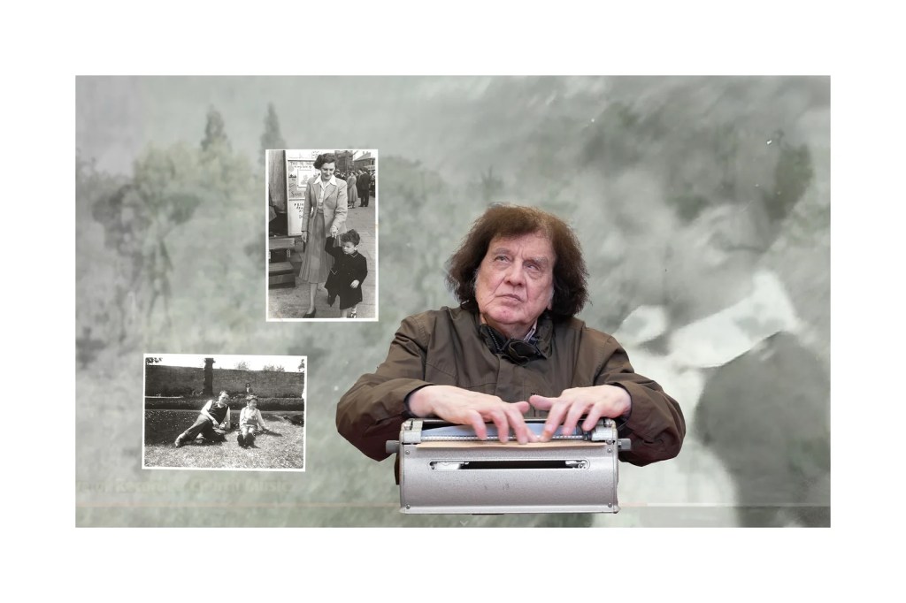 The image on the left: a white man with dark hair is seated at a Perkins Brailler surrounded by his family photos.