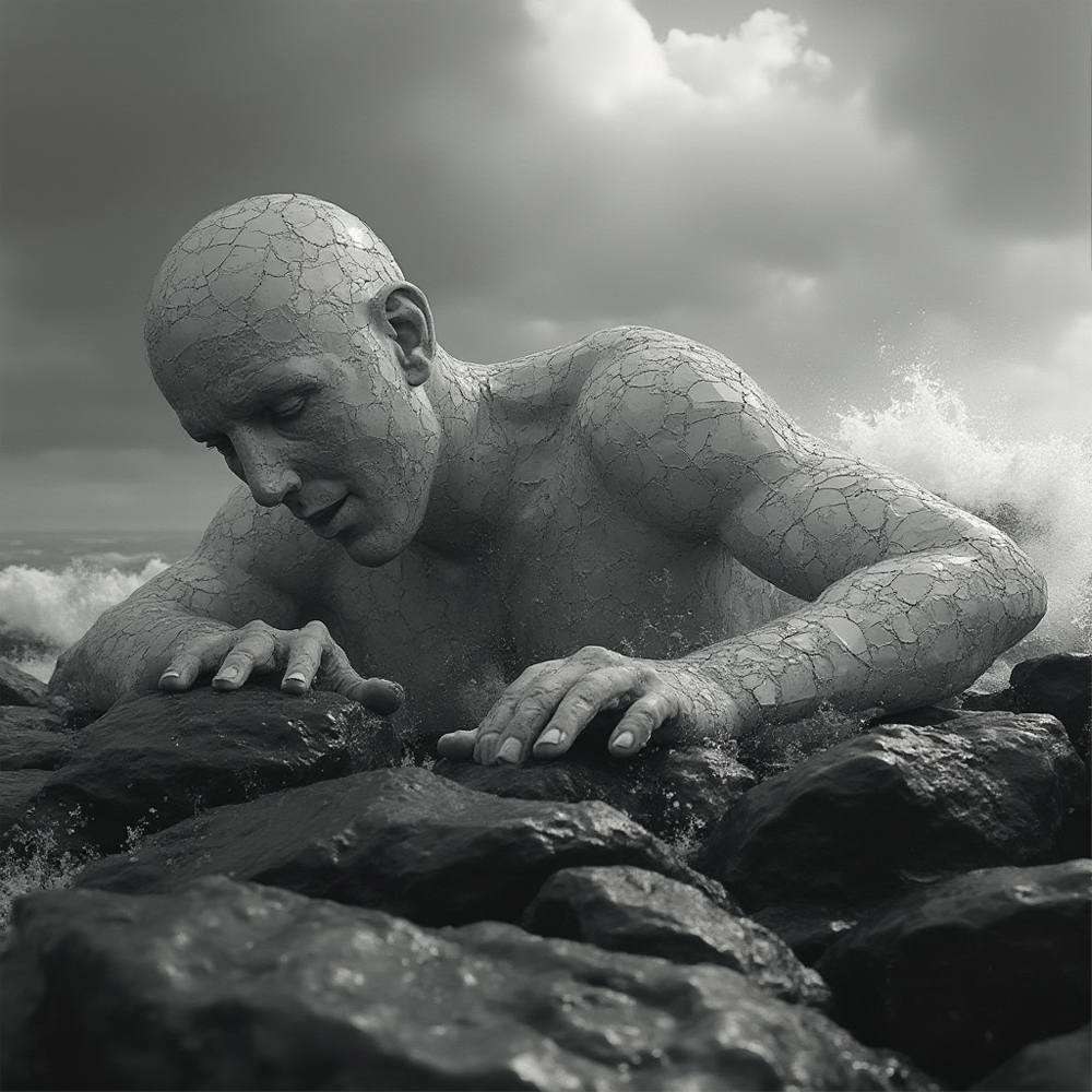 Statuesque figure face down on large rocks near water. The skin appears cracked, suggesting exhaustion or despair.