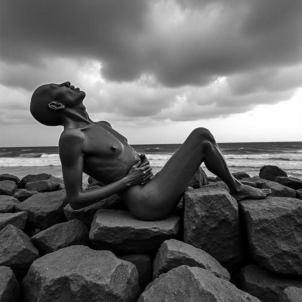 Statuesque figure reclining on rocks under a dramatic cloudy sky, head thrown back in anguish or contemplation.