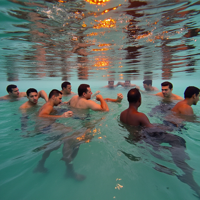 Men in a swimming pool, their bodies are visible underwater, while the surface above ripples with light reflections, partially distorting their heads.